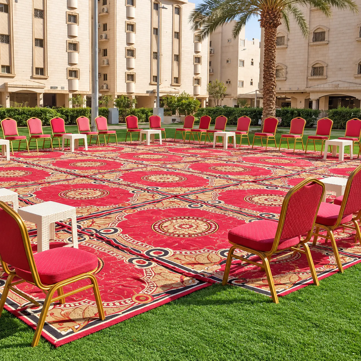 Patterned red carpets laid on grass with red chairs