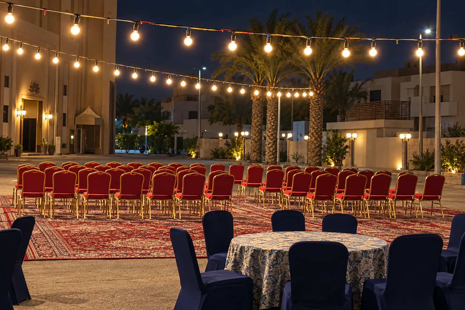 Red banquet chairs on carpets and covered chairs around a round table at an outdoor venue