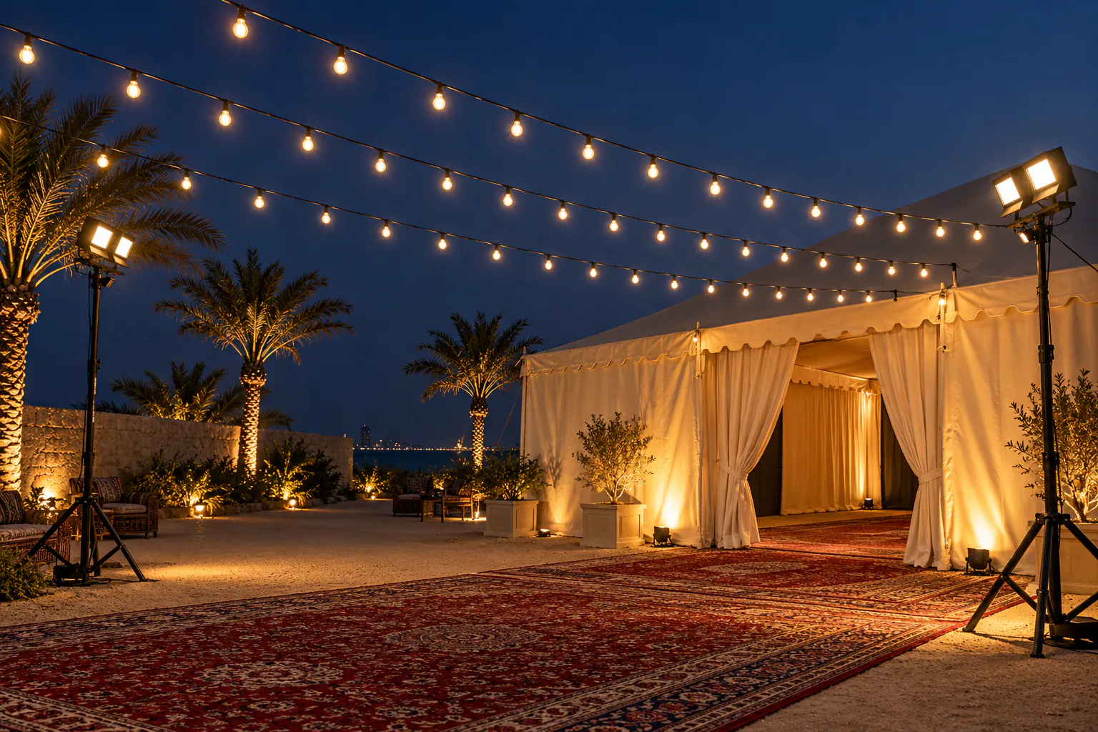 White tent lit at night with red carpets and outdoor lighting